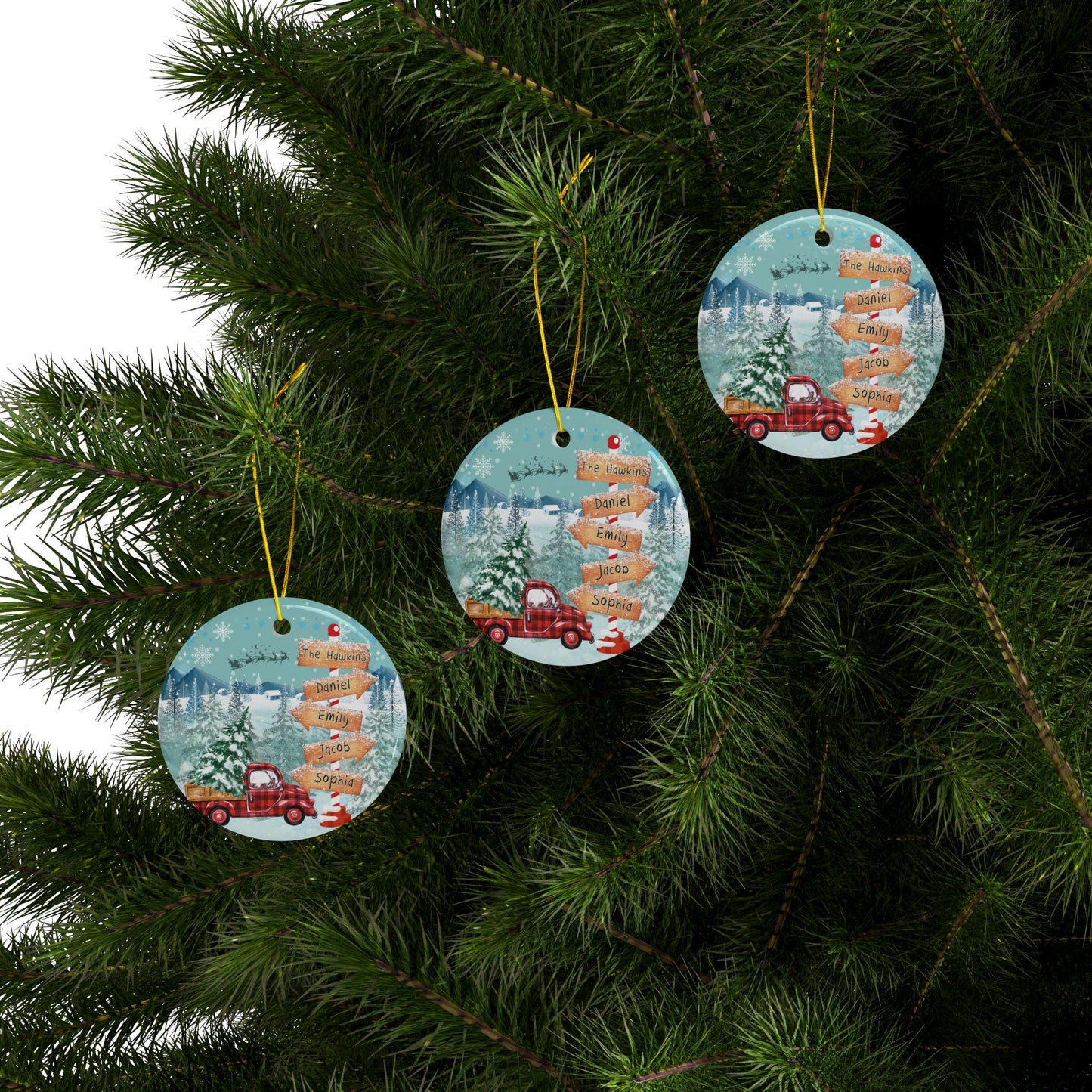street sign family christmas car Ceramic Ornaments, 2-Side Print, (1pc, 3pcs, 5pcs, 10pcs)