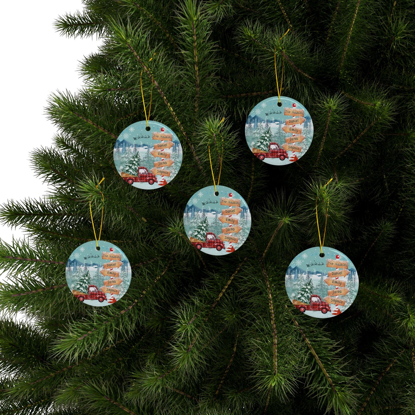 street sign family christmas car Ceramic Ornaments, 2-Side Print, (1pc, 3pcs, 5pcs, 10pcs)