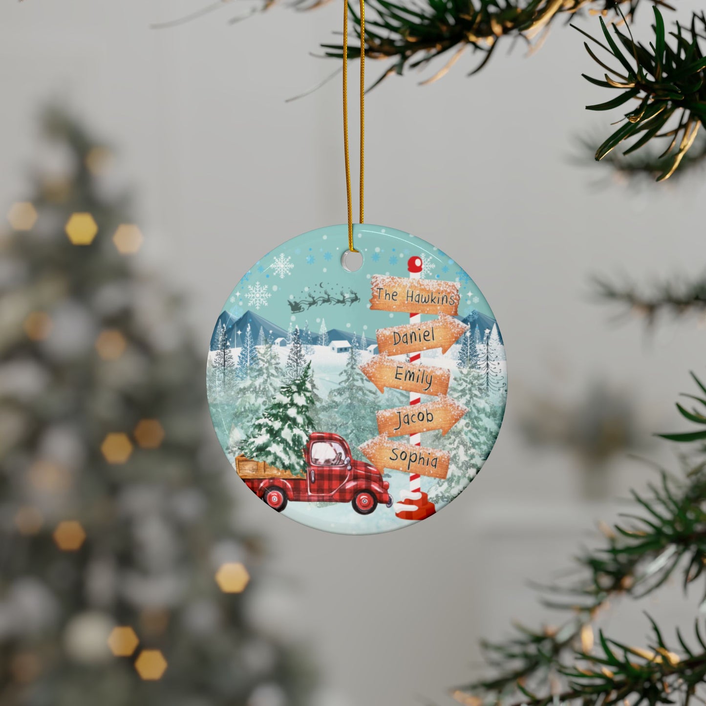 street sign family christmas car Ceramic Ornaments, 2-Side Print, (1pc, 3pcs, 5pcs, 10pcs)